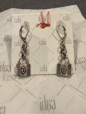 CAbi Silver Lock It Dangle Earrings; BNWT; Includes backing and tissue paper